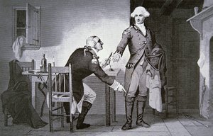 Traître américain : le général Benedict Arnold instruisant Andre de cacher des papiers dans le haut de sa botte