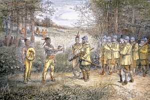 Le capitaine Miles Standish échange avec les Indiens Wampanoag en 1621