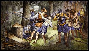 Défense de la colonie contre une attaque indienne à Jamestown, Virginie en 1607
