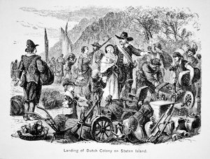 Débarquement des colons néerlandais sur Staten Island, New York (lithographie)