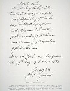 Lettre de capitulation de Yorktown, signée par Lord Cornwallis - School American