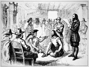 Massasoit, chef du peuple Wampanoag, tend le calumet de la paix à John Carver en 1621