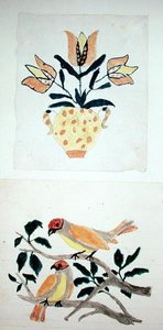 Vase de tulipes et deux oiseaux dans un arbre