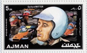 Timbre des Émirats Arabes Unis représentant le pilote automobile Gerhard Mitter (1935-1969)