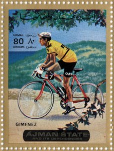 Timbre des Émirats représentant le cycliste Julio Jimenez (né en 1934) - School Arabic