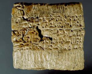 Civilisation assyrienne : boîte gravée de caractères cunéiformes concernant la production de deux mines d