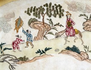 Noble femme à cheval et enfants jouant au cerf-volant - Estampe chinoise, vers 1800 - School Chinese
