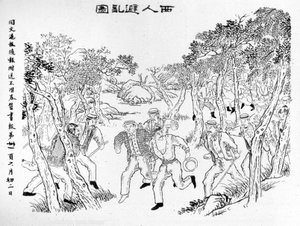 Révolte des Boxers : Les Européens fuyant face aux Boxers. Illustration publiée dans le Journal de Shanghai Toung-Ouen-Hou-Pao. Environ 1899 - School Chinese