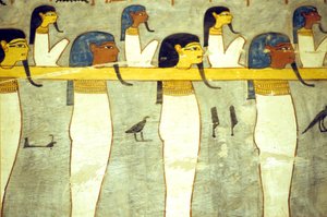 Égypte ancienne, peinture, Dieux du monde souterrain attachés à Hathor, vache divine, remorquant la barque solaire, Tombe de Ramsès Ier, Thèbes