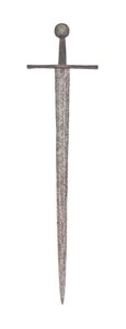 Épée médiévale tardive, avec une lame viking antérieure et portant les armoiries de la famille De Bohun, comtes de Hereford et Essex - School English