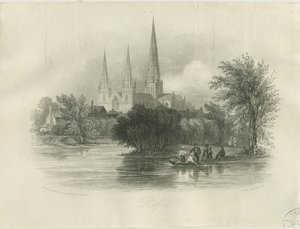Cathédrale de Lichfield - Vue sud-ouest : gravure (vignettée), nd [c 1842] (impression)