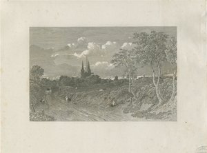 Cathédrale de Lichfield - Vue ouest (lointaine) : gravure, nd [?18e siècle] (impression)