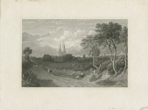 Cathédrale de Lichfield - Vue ouest (lointaine) : gravure, nd [?18e siècle] (impression)