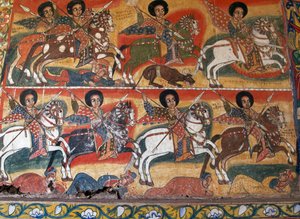 Chevaliers avec des lances, peintures dans le monastère Ura Kidane Meret (XVIIe siècle), Grand Bahar Dar, péninsule de Zege, Éthiopie (détail)