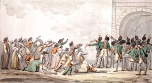 Distribution des assignats, Révolution française (gravure en couleur) - School French