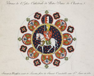 Dessin de la rosace de Chartres : Simon de Montfort (lithographie en couleur)