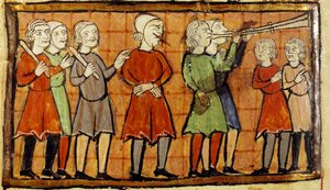 Faux témoin à la langue percée condamné à errer dans les rues de la ville précédé de joueurs de trompette miniatures du manuscrit de Citeaux. Angers, Bibliothèque municipale