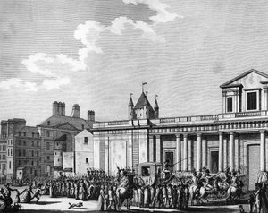 Révolution française : Transfert de la famille royale (Louis XVI, Marie-Antoinette, le dauphin Louis Charles de France ou Louis XVII et Marie-Thérèse dite Madame Royale) à la prison du Temple à Paris le 13 août
