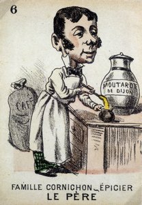 Jeu des Sept Familles : Le père de la famille Cornichon-épiciers préparant de la moutarde de Dijon. Musée de la Carte à Jouer, Issy-les-Moulineaux