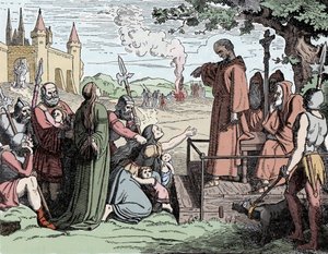 Juifs condamnés à être brûlés vifs au Moyen Âge (lithographie couleur) - School French