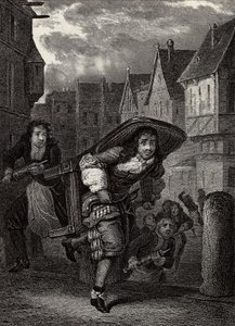 Monsieur de Pourceaugnac - gravure des "Œuvres" de Molière - Scène de la pièce de théâtre "Monsieur de Pourceaugnac" par Jean-Baptiste Poquelin dit Molière - School French