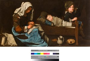 Mère cousant et ses deux enfants - School French