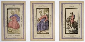 Vieilles cartes à jouer avec le roi (homme blond), la reine (femme blonde) et le cavalier (fin) coupe. Musée de la Carte à Jouer, Issy-les-Moulineaux.