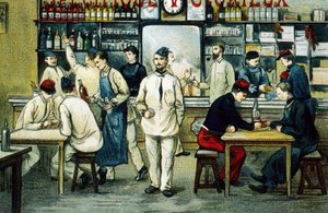 La cantine (gravure en couleur)