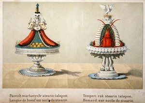 Conception pour la présentation de la langue de bœuf sur un lit de stéarine et pour le homard, illustration d
