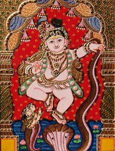 Peinture Tanjore de Bal Krishna en relief - School Indian