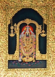 Dieu Tirupati Balaji en peinture miniature sur papier avec embossage doré