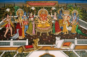 Miniature de Ganesh avec Brahma, Vishnu, Shiva, Durga sur papier