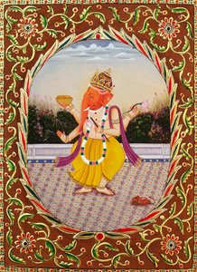 Seigneur Ganesha Ganpati, miniature sur papier avec broderie