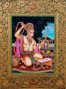 Seigneur Hanuman Peinture Miniature Papier avec Embossage Doré