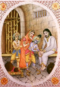 Peinture Miniature en Ivoire de Krishna Balram et Devaki Vasudeva