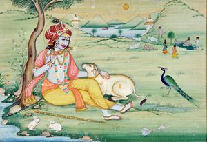 Peinture miniature de Krishna jouant de la flûte - School Indian