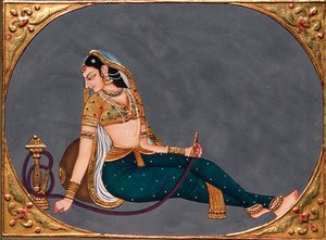Peinture miniature sur papier Dame profitant du hookah