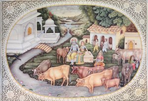 Miniature de Krishna et une laitière assis dans un champ avec du bétail