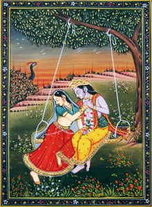 Radha Krishna profitant de Jhoola Peinture miniature sur papier