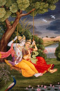 Radha Krishna profitant de Jhoola, miniature sur papier