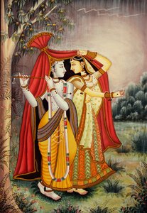 Miniature de Radha Krishna en mousson sur papier