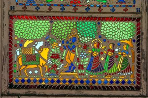 Radha Krishna avec Sakhi sur vitrail