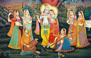 Radha Krishna avec Sakhis appréciant la musique