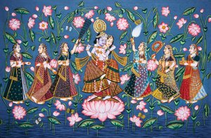 Radha Krishna avec Sakhis, peinture miniature sur papier