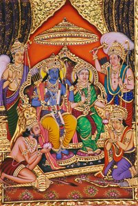 Peinture miniature de Ram Darbar sur papier avec embossage - School Indian