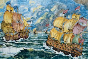 Panneau de céramique représentant deux navires à voile, production de Vietri sul Mare, Campanie, Italie, Détail - School Italian