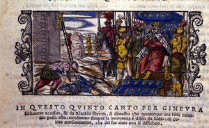 La princesse Ginevra est innocente et le combat entre la calomnie et le chevalier inconnu venu défendre Ginevra est interrompu. scène du poème chevaleresque « Orlando Furioso » (Le Roland Furieux) de Ludovico Ariosto (1474 - 1533) appelé L