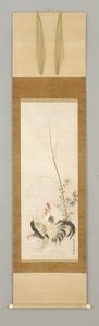 Kakemono, coq et poule avec des fleurs