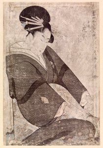 Femme japonaise assise (gravure en couleur)