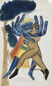 Ravana, le roi démon de Ceylan, combattant le fils de Hanuman